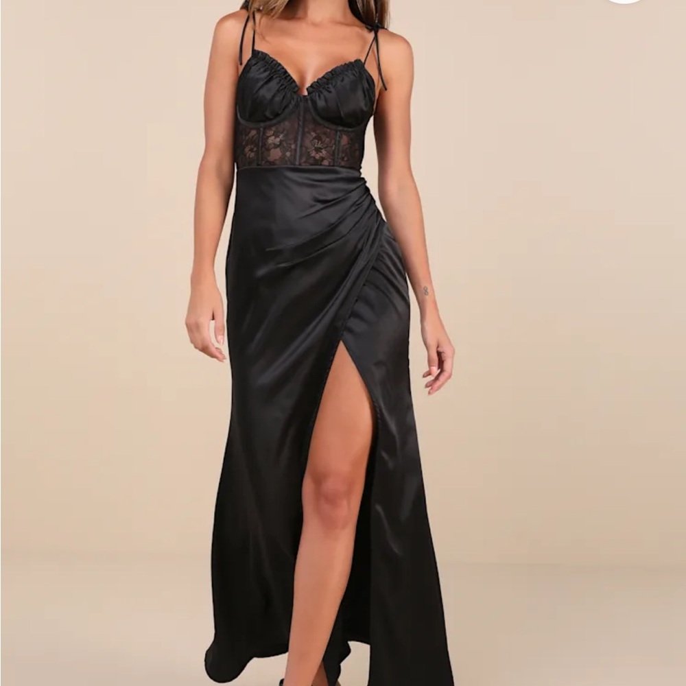 Lulus Spellbinding Aura Black Satin Lace Tie-Strap Bustier Maxi Dress